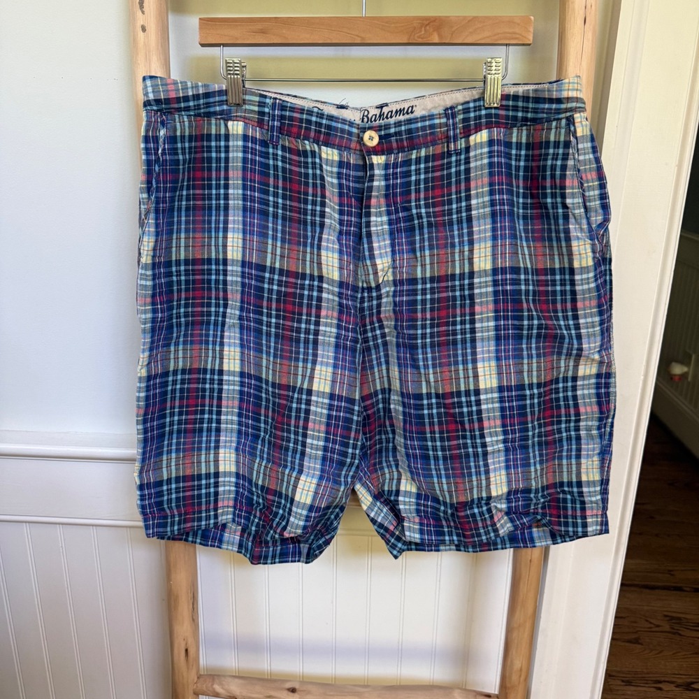 Tommy Bahama Mens 38 Plaid Shorts Blue Red Linen‎ Tencel Blend Flat Front